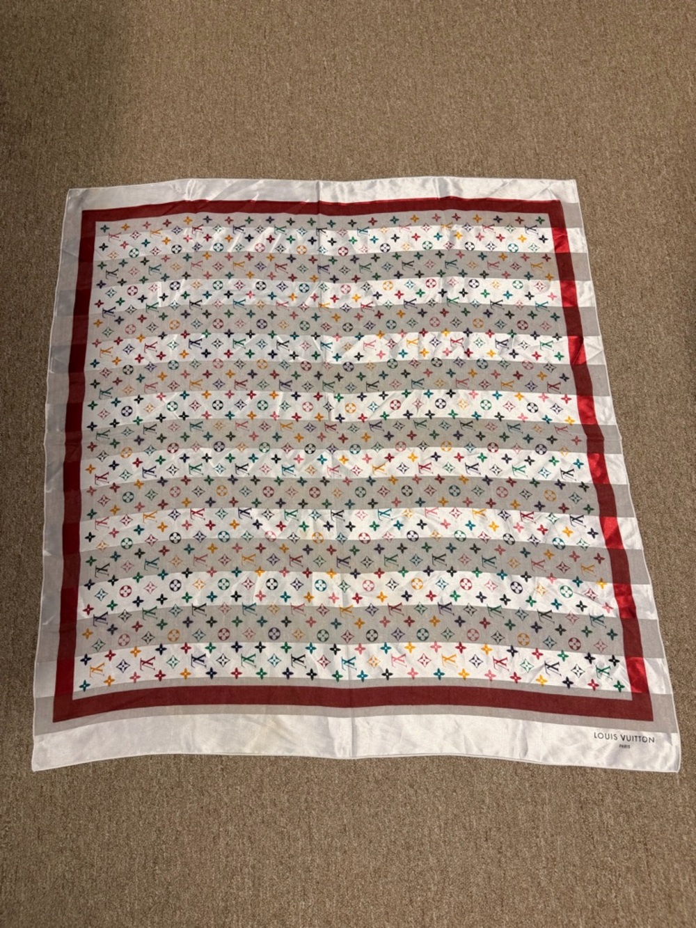 Louis Vuitton Multicolor Monogram Silk Scarf with White Field and Red Border